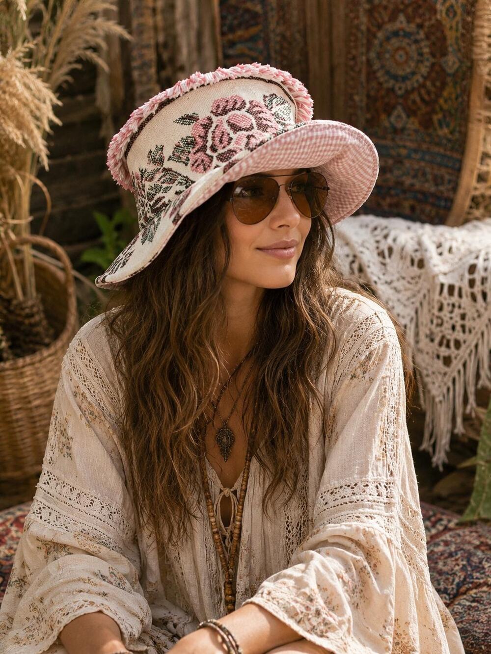 Handmade Floral Fringe Hat | Women's Cottagecore Fall Hat | Medium 22.75"